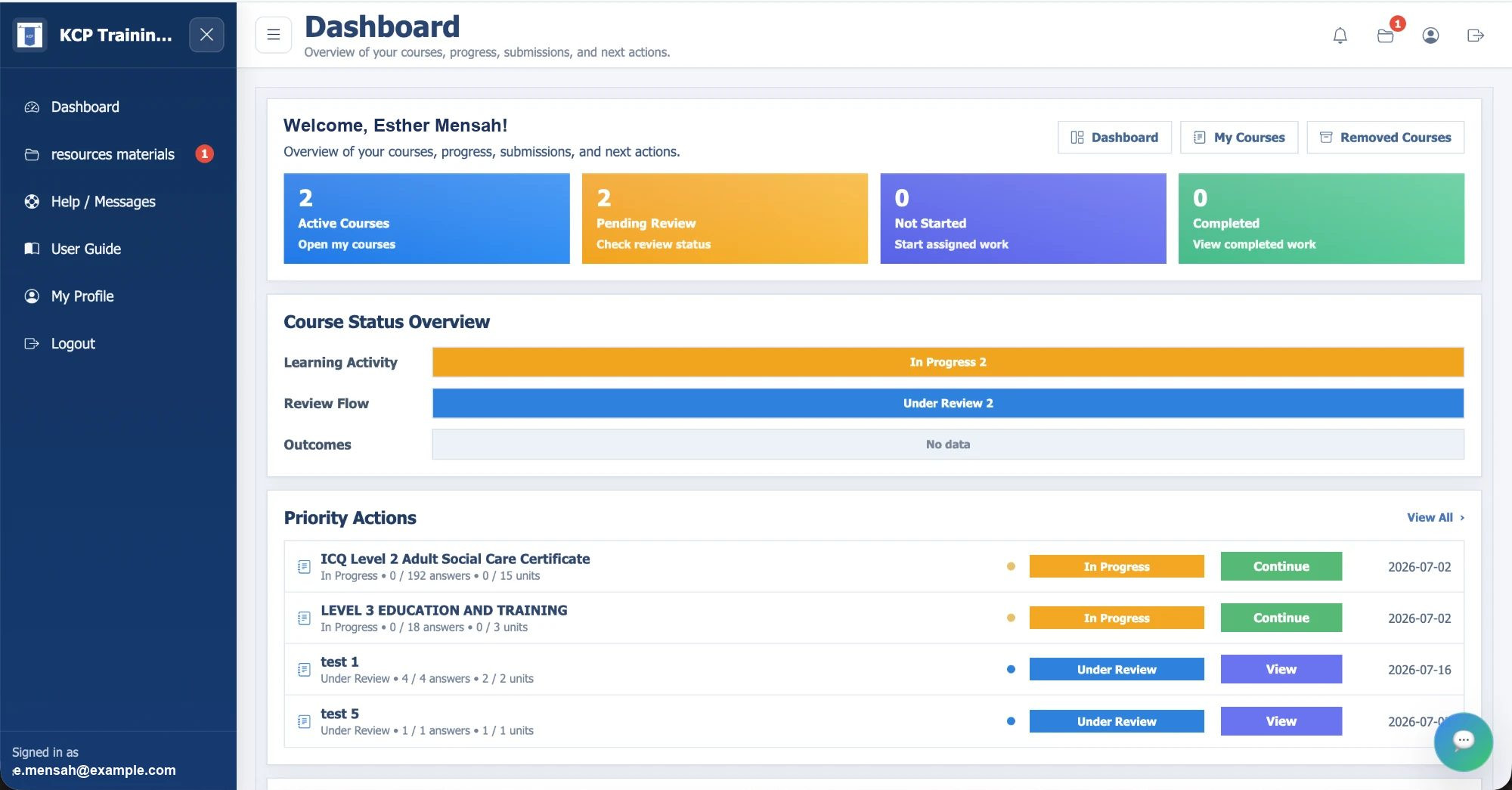 KCP Training Center, the learner dashboard